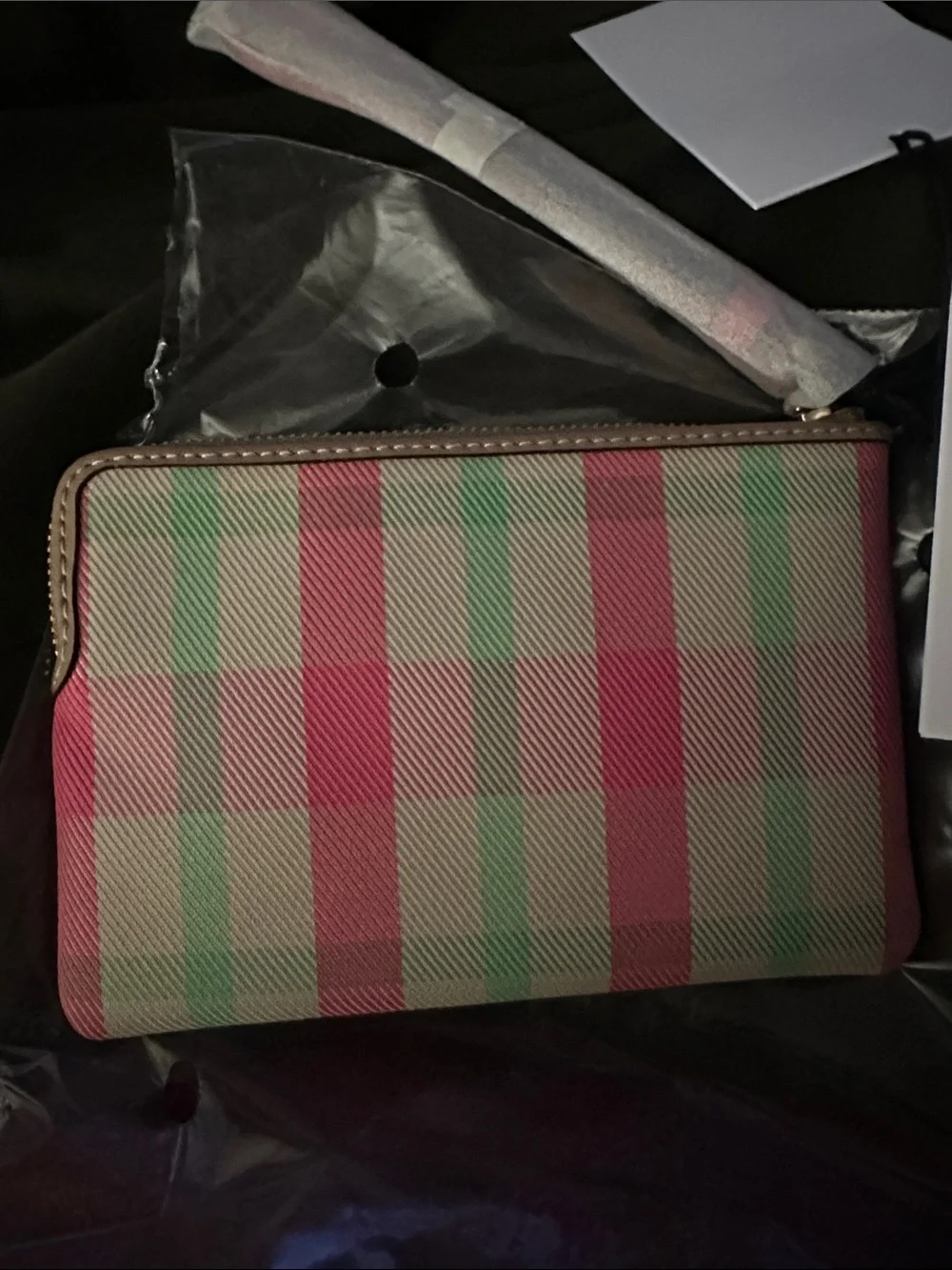 Coach Pink & Mint Plaid Zip Wristlet